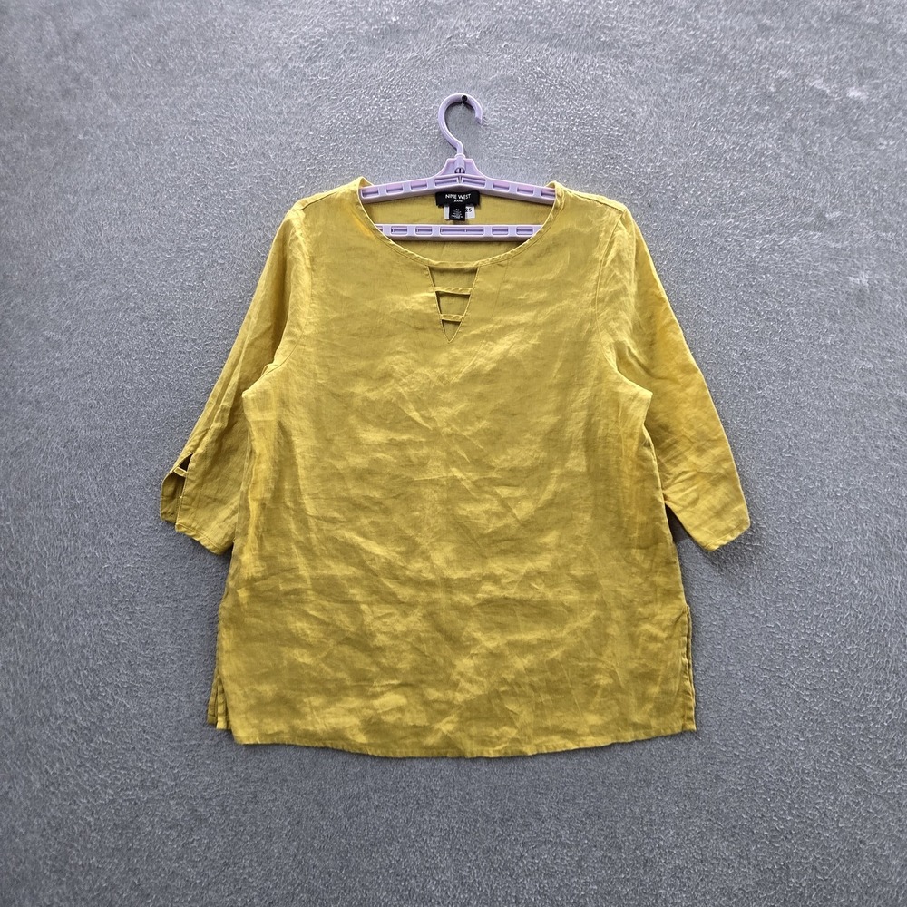 Nine West Jeans Women Blouse M Yellow Linen Button V-Neck Pullover Coastal Beach